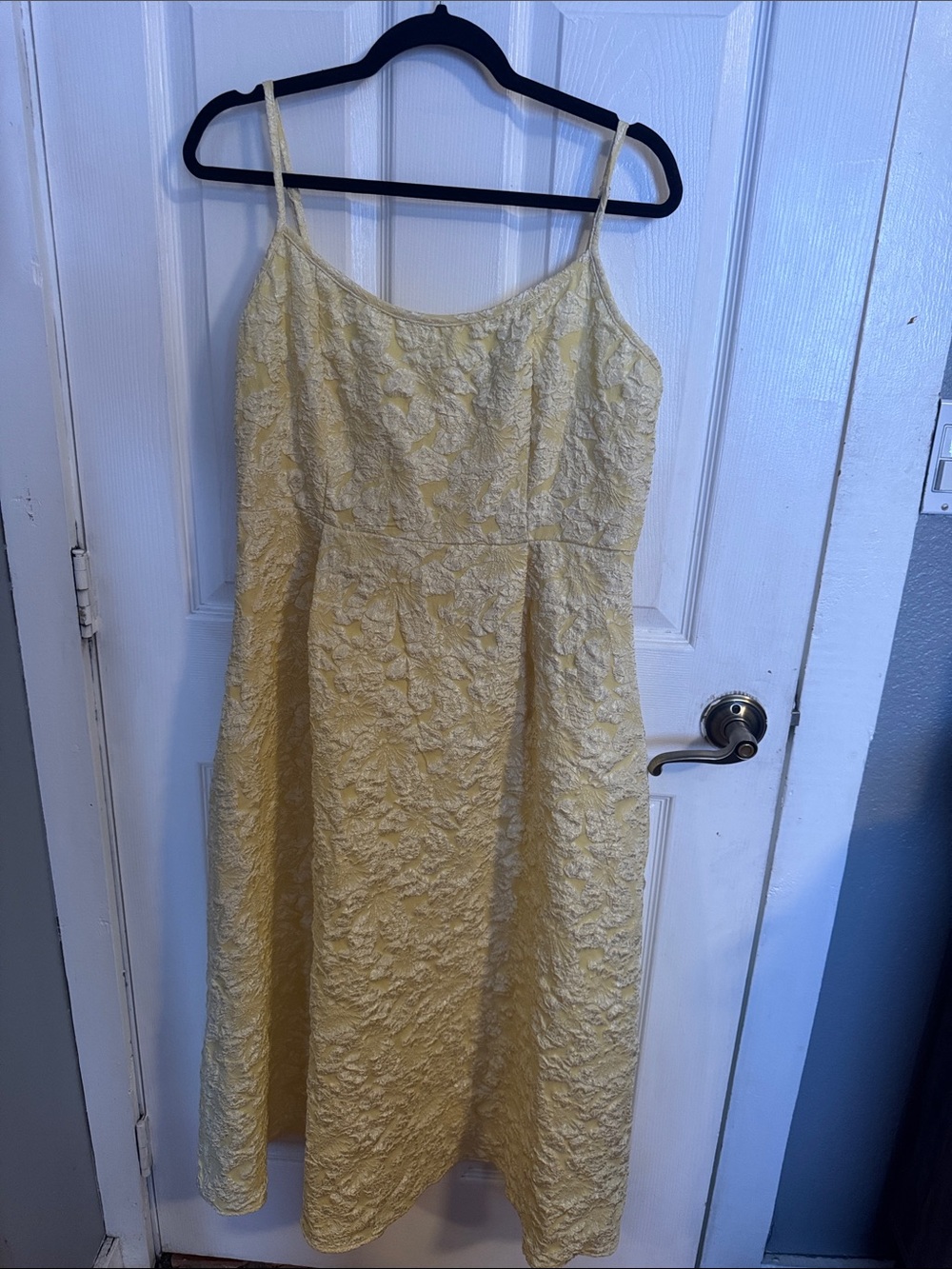 Pale Yellow Textured Midi Dress with Spaghetti Straps